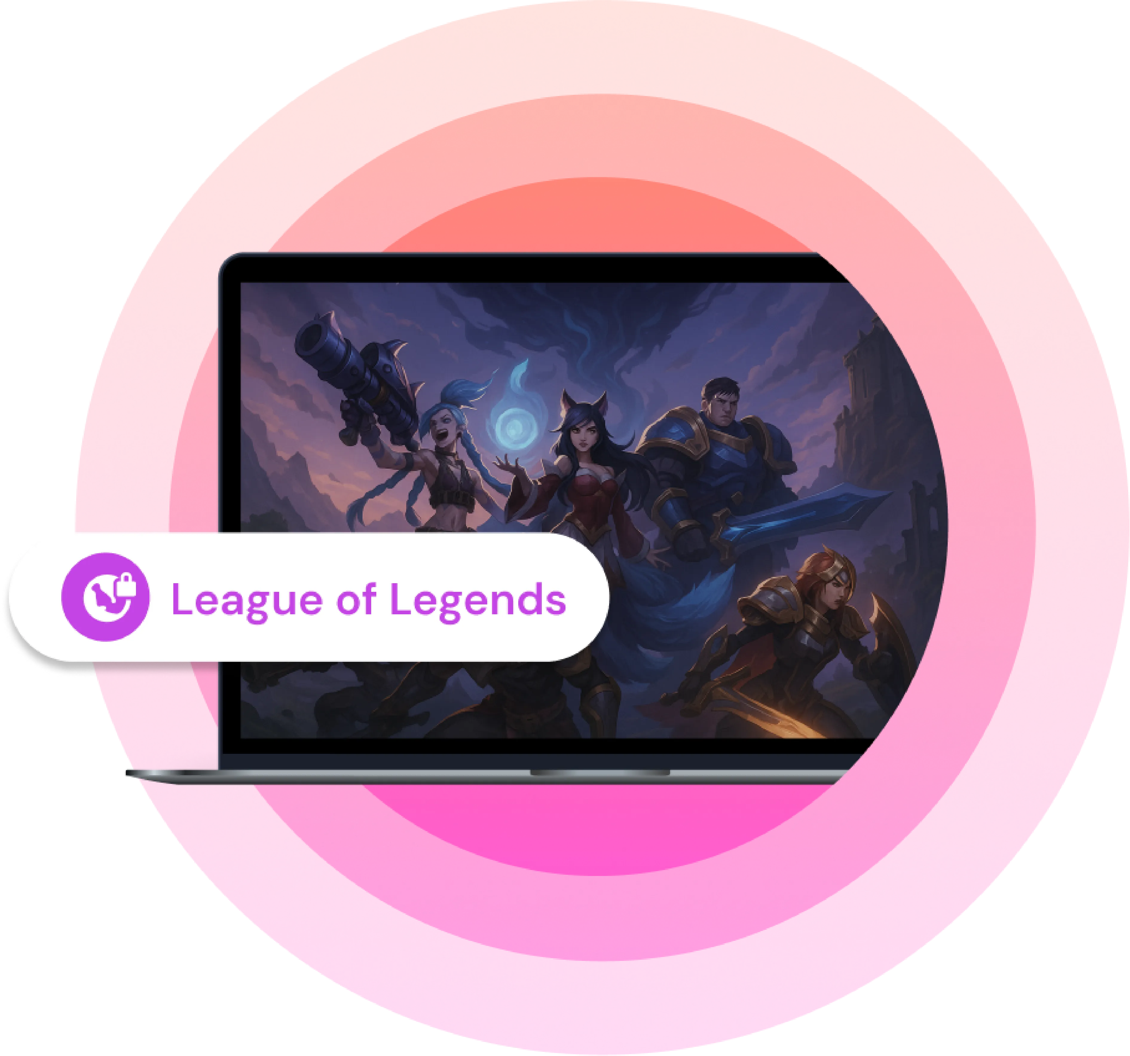 Laptop screen displaying characters from League of Legends, surrounded by a pink-to-orange gradient circle. A label with a padlock icon and the text "League of Legends" overlays the image, indicating VPN protection for the game.